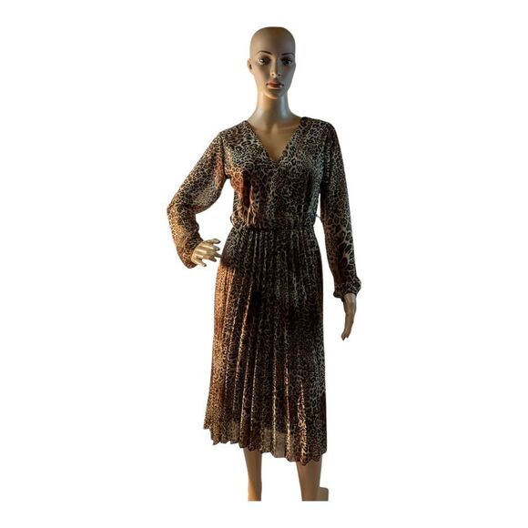 Women’s Size Medium Brown Leopard Animal Print Long Sleeve Midi Dress Made Italy - Picture 1 of 13
